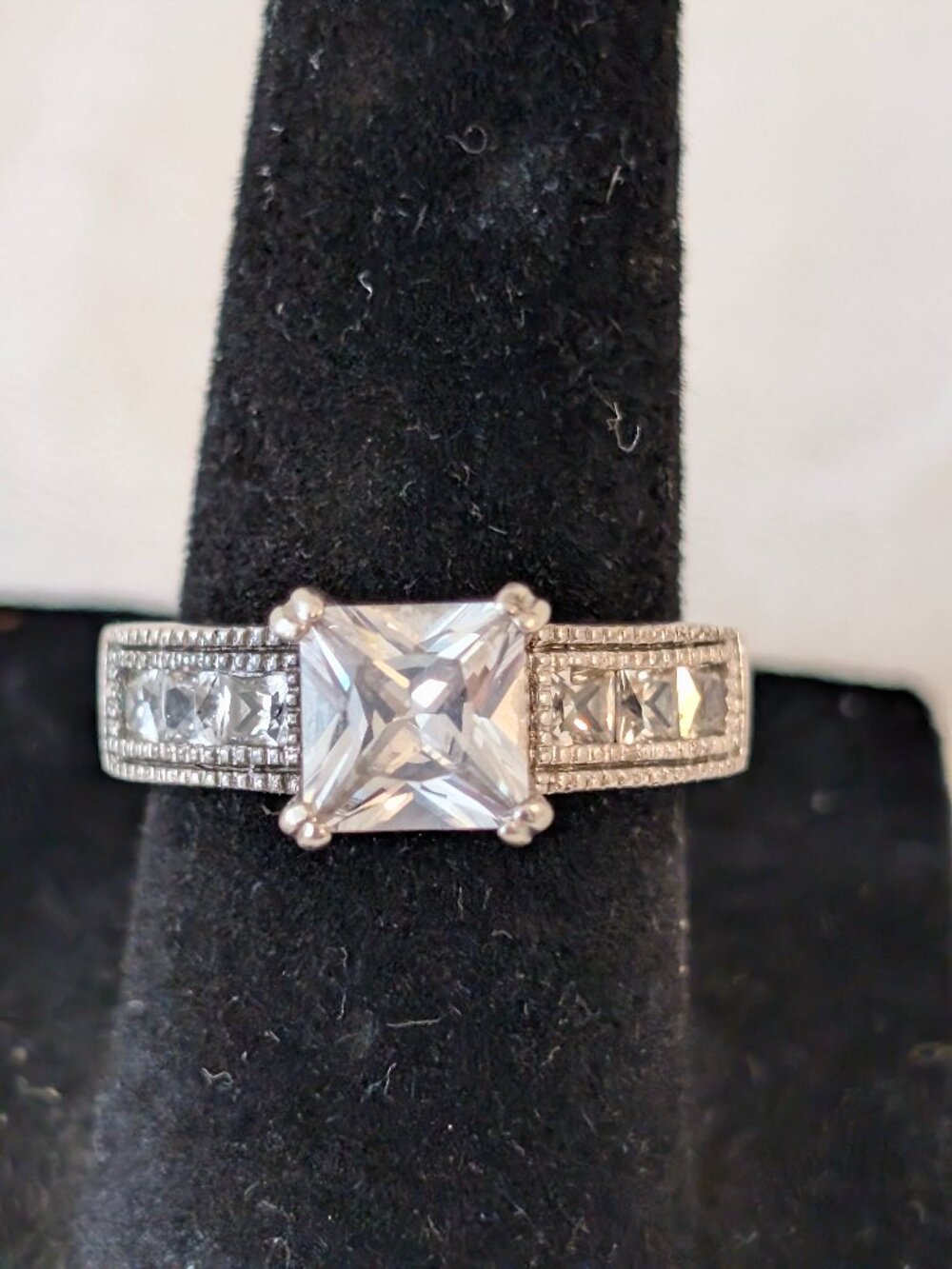 925 Sterling Silver Cubic Zirconia 7 Stone Square Engagement Ring Sz 6